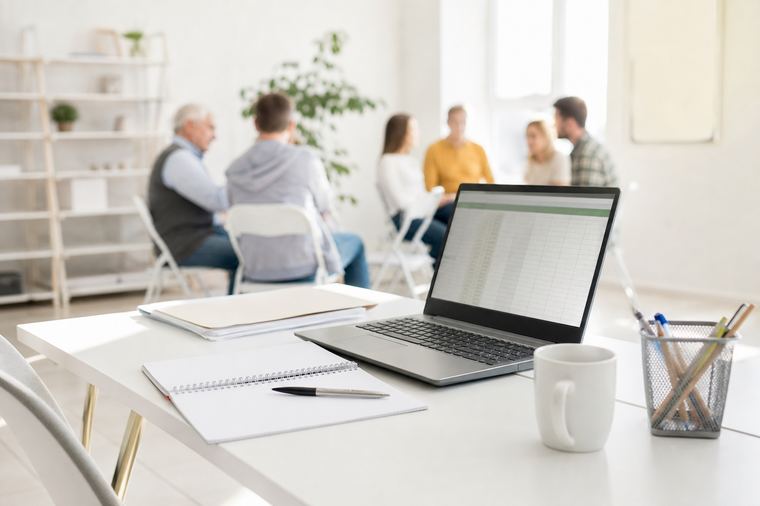 Computer portatile chiuso su una superficie chiara, alternativa al quaderno dei soci